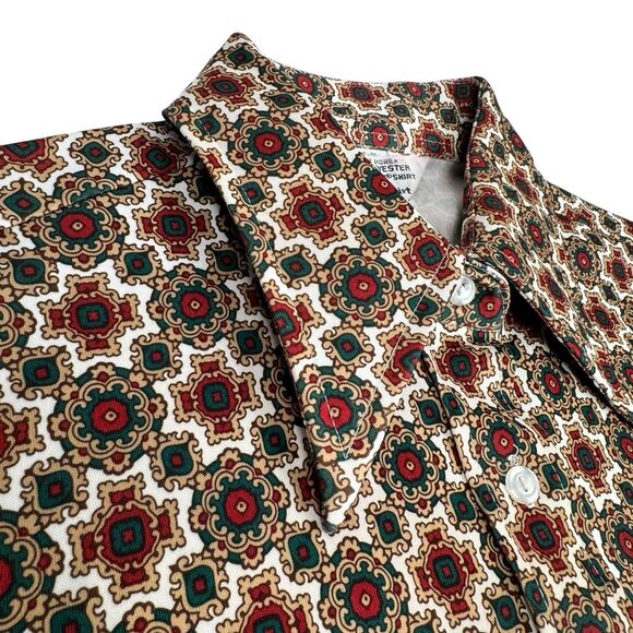 Vintage 70's Mens Sears Button Down Shirt M Pointy Collar Retro Disco Medallion - Picture 4 of 13